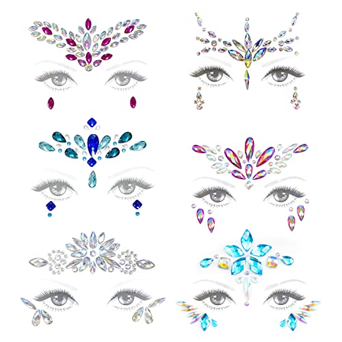 6 pegatinas de piedras preciosas, pegatinas de tatuaje de cristal acrílico, pegatinas autoadhesivas de diamantes de imitación, pegatinas para la cara festiva para fiestas de disfraces de carnaval