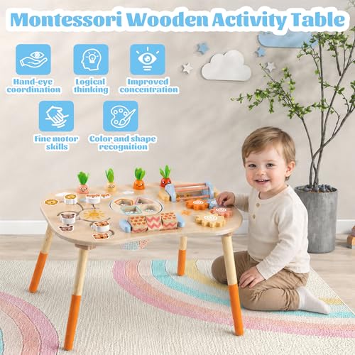 Ranqibo Wooden Activity Table, 6-in-1 Montessori Activity Table for Toddlers, Activity Center for Babies Aged 1–3, Sensory Toys, for Boys and Girls 1+ Years Old — view 5
