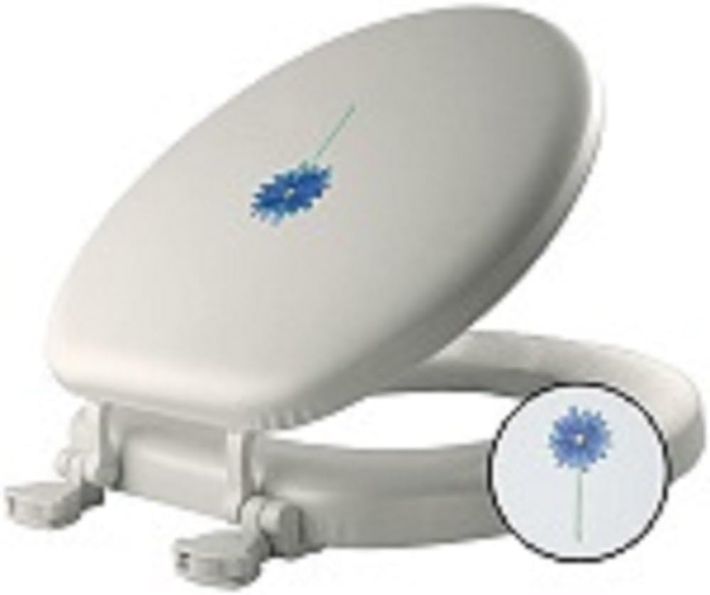MAYFAIR Soft Toilet Seat with Embroidered Daisy in Bloom Easily Remove, ROUND, Padded with Wood Core, White, 1349EC 000