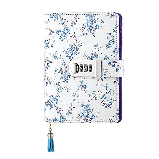 JunShop Floral Password With Lock Diary PU Leather Multi Color Combination Lock Journal (Combination Lock Diary) A6 Refillable Leather Journal/Size:18.5X13.5 CM (Blue)