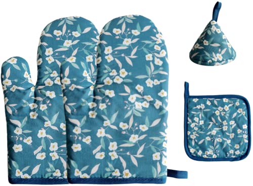 耐熱鍋つかみ 4枚セット キッチンミトン 花柄 オーブンミトン 三角鍋つかみ 鍋敷き 厚手 両手 オーブン 手袋 耐熱ミトン なべつかみ 綿製 収納便利 左右兼用 大人可愛い 上品 母の日 誕生日 プレゼント 結婚祝い ブルー