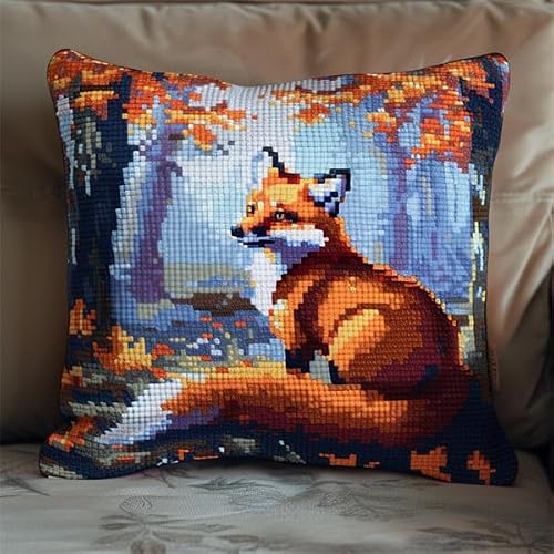Kitquiver Latch Hook Cushion Kits Fox Latch Hook Kit for Adults Pillow Case 17X17Inch - DIY Making Handmade Crochet Craft Cushion Cover Needlework for Home Decoration with Patterns Printed