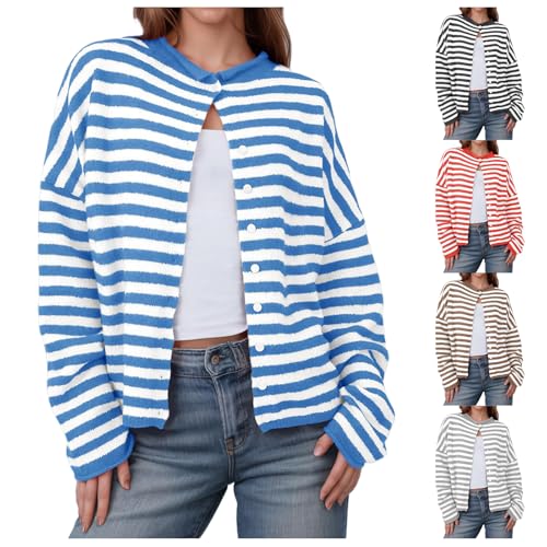 Women Striped Cardigan Sweaters Casual Long Sleeve Open Front Knit Jacket Button Down Cropped Shirts Coat Fall Outfits4