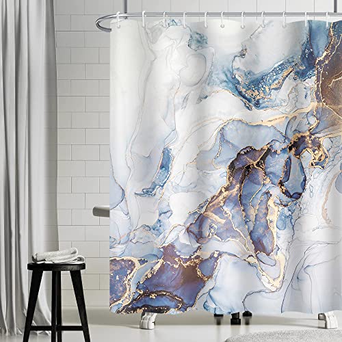 Uiiooazy Blue Marble Shower Curtain, Dark Blue Yellow Effect Bath Curtain Mildew and Mould Resistant Waterproof Polyester Fabric Washable Opaque Shower Curtain with 12 Hooks for Bathroom 180Wx200Hcm