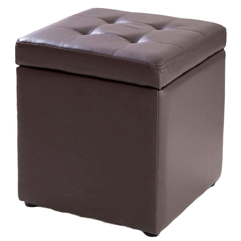 Pouf coffre de rangement en simili cuir marron 31x31x36cm pour salon