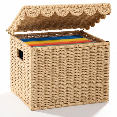 Image of Jingmore File Organizer Box with Scalloped Lid, Paper Rope, Brown | Portable Storage Box Collapsible Letter Hanging Filing Organizer Basket for Office /home, Woven Wicker Decorative Document Box