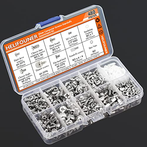 Helifouner 480 Pieces Computer Standoffs Screws Assortment Kit For 2.5" Ssd, Hard Drive, Computer Case, Motherboard, Fan Power Graphics With Screwdriver, Silver #TOP5
