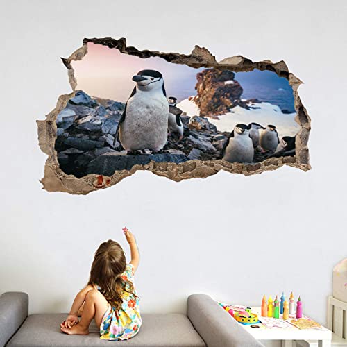 3D Wall Decor Stickers Penguin Wall Stickers 3D Smashed Wall Mural Decals Marine Life Wall Vinyl Art Family For Kids Bedroom Living Room Nursery Home Wall Décor 30 X 18 Inch #TOP1