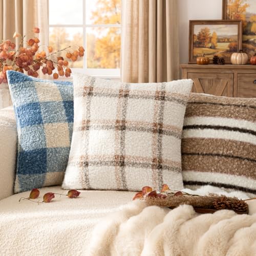 Image of Foindtower Pack of 2 Soft Faux Fur Boucle Throw Decorative Pillow Covers Fuzzy Accent Check Cushion Sherpa Boho Farmhouse Pillowcase for Couch Sofa Bed Living Room Home Decor 18x18 Inch,Natural Beige