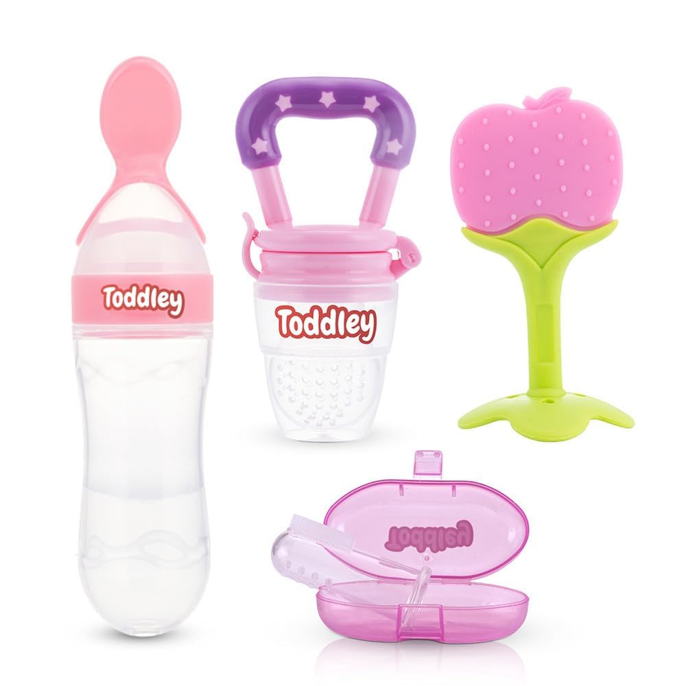 Toddley Silicone Food & Fruit Nibbler Pacifier 1 Pcs with 1 pcs Spoon Feeder and 1pcs Fruit Teether, 1pcs Finger Brush for Infant Baby for 6+ Month Baby (4 Piece Combo Set) (Pink)