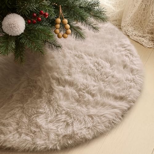 AtiMing Khaki Faux Fur Christmas Tree Skirt 36 Inch, Soft Plush Xmas Tree Skirt for Holiday Decor, Winter Party, and Festive Home Decorations - 90cm
