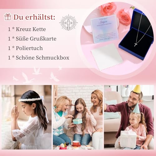 FLHEART Kreuz Kette Mädchen Kommunion Geschenke - Echt Silber 925 Halskette mit Kreuz Anhänger, Kreuzkette 925 Sterling Silber Tauf Firmung Geburt ErstKommunion Konfirmation Taufgeschenk für Mädchen