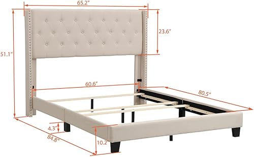 Miniatura 2 de Elegante cama tapizada de madera con plataforma tapizada de madera, tamaño Queen, marco de cama con cabecera tapizada de tela de lino con botones