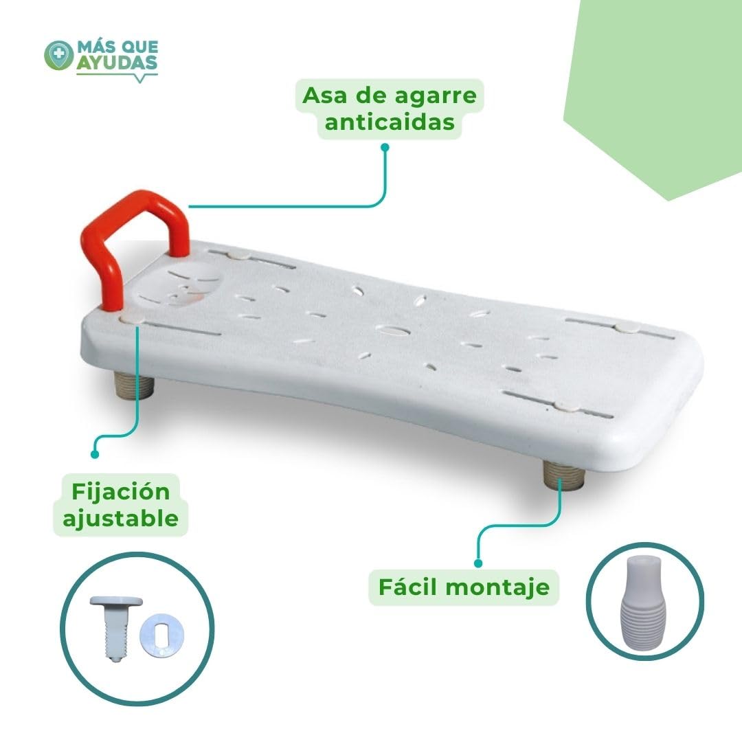 MAS Que AYUDAS – Asiento Bañera Adulto Antideslizante, Ajustable, con Asa de Seguridad, Tabla de Acceso Lateral para Bañera, con Orificios de Drenaje, Fácil Montaje, Máximo 100 kg