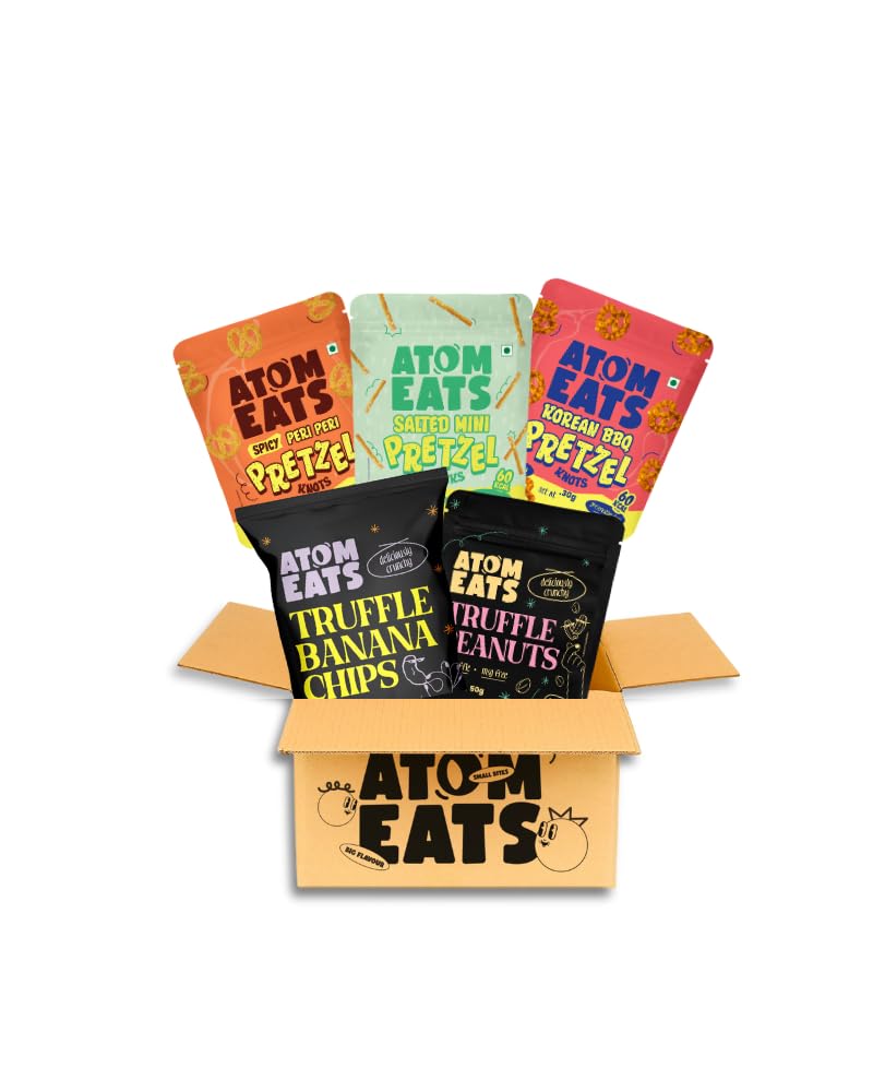 Atom Eats Gift Hamper | Dad's Secret Stash | Father's Day Hamper (Pack of 5) | Assorted Salted & Peri Peri Pretzels, Cheese Spinkled Banana Chips & Peanuts | Premium Gifting for Dad | Imported Quality Snacks | 190g