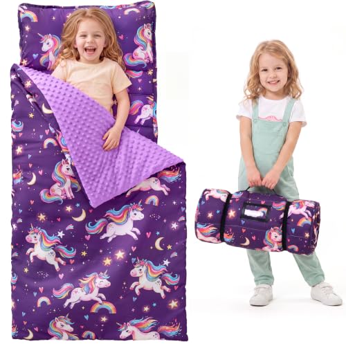 Image of JOIEDOMI Toddler Nap Mat with Removable Pillow and Minky Blanket 55''x30'' Kids Sleeping Bag for Boys and Girls Ages 3-6 Roll Up Soft Nap Mats for Preschool Kindergarten Daycare Sleepover