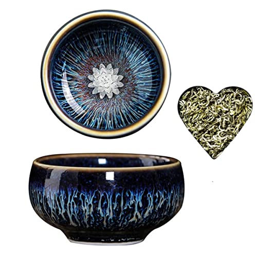 Cmengao Beautiful Jianzhan Tea Cup, 3D Silver Lotus Inlaid Ceramic Tea Cup Handmade Fancy Glaze Tenmoku Cup Chinese Kungfu Tea Cup (Blue) #TOP1