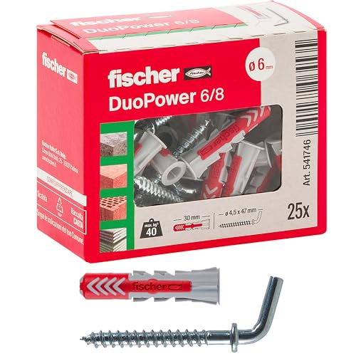 Fischer Duopower 541746 - Tacos con gancho corto, gris/rojo, 25 unidades