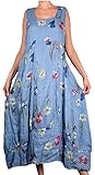 edle chiffon tunika  Damen Pure Leinen Sommer zipfel Kleid Maxikleid Tunika 42 44 46 48 50 L XL XXL Blau Blumen assymetrisch Strand Urlaub Lagenlook (42)