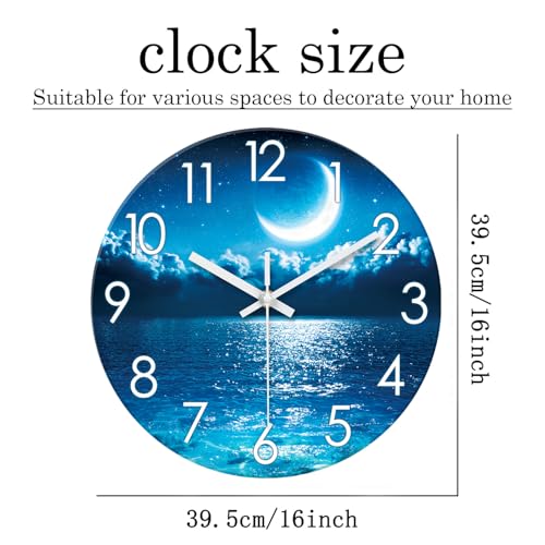 Image of XFM 16 Inch Large Modern Moon Ocean Wall Clocks Battery Operated | Silent Non Ticking Blue Round Analog Modern Nature Decorative for Living Room Kitchen Office Decor