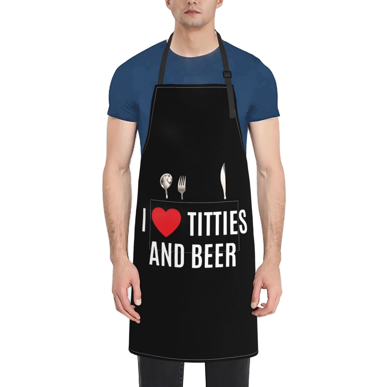 AOOEDM I Love Titties and Beer Bib Apron Waterproof Adjustable With Pockets Aprons Unisex