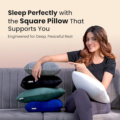 Image of CareFoam Memory Foam Square Cushion for Car, Sofa /Diwan, Bed, Chair & Decoration | Highly Durable, Hypoallergenic | 14 inchx 14 inch x 4 inch | Velvet Cover | White Jacquard, Pack of 2