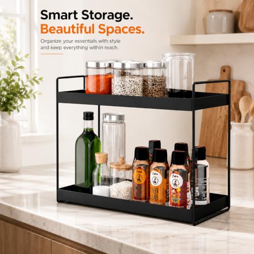 Image of JD FRESH 2 Tier Multipurpose Kitchen & Bathroom Storage Rack /Shelf storage and Large Space Organiser /Racks Countertop Kitchen Organizer Storage Basket(Black)