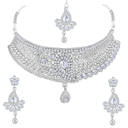 Shining Diva Fashion Diamonds Studded Silver Plated Latest Stylish Traditional Choker Necklace Jewellery Set for Women
