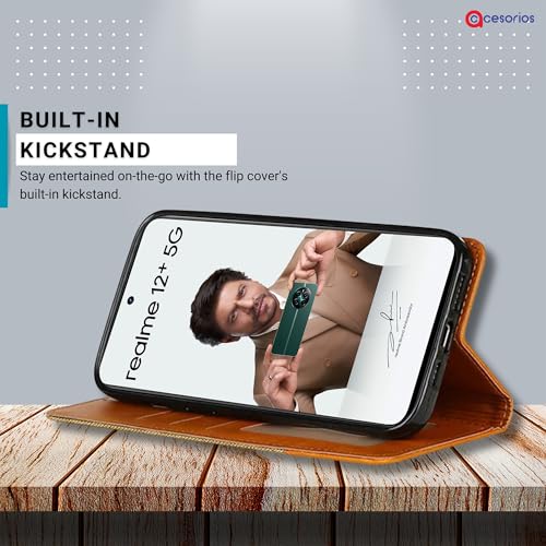 Image of Accesorios Realme 12 Plus 5G Denim & Leather Flip Back Cover Case | Vegan Leather | Kick Stand & Pockets | Protective Back Flip Cover for Realme 12 Plus 5G (Light Brown)