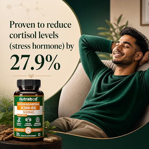 Image of Nutrabud Ashwagandha KSM66 500mg - 30 Capsules - KSM 66 Ashwagandha Tablets for Men & Women - 5% Withanolides for Stress Relief, Energy & Recovery Support (30 Count (Pack of 1), Unflavoured)