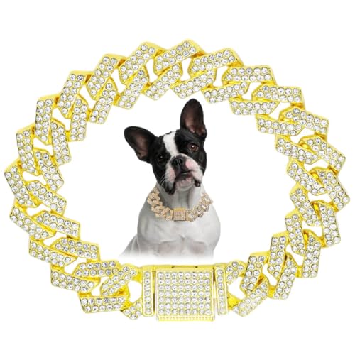 Image of Chain Dog Collar for Large Dogs, Diamond Metal Cuban Link Dog Collar,15mm Wide Bling Sparkly Puppy Necklace for Small Medium Large Pet Dogs Cats Golden White(20 inch)