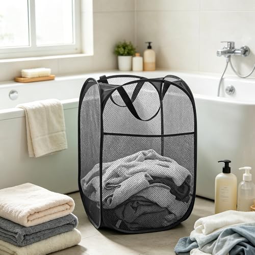 Image of Larpur Popup Mesh Laundry Basket, Collapsible and Portable Clothes Washing Laundry Hamper with Reinforced Carry Handle (Black)