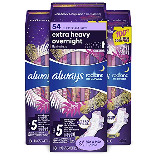 Always Radiant Feminine Pads for Women, Size 5, 54 Count, Extra Heavy Overnight, with Wings, Scented (18 Count, Pack of 3 - 54 Count Total)
