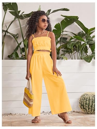 Image of Floerns Girl's 2 Piece Set Ruffle Trim Cami Tops with Paperbag Waist Wide Leg Pants