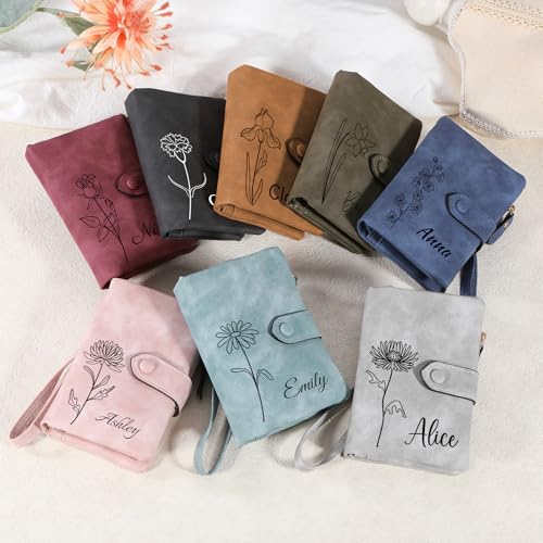 Personalized Leather Wallets for Women Wallets with Zipper Coin Purse with Wrist Strap Small Ladies Wallet with Name Birth Flower Leather Wallet for Girlfriend Wife Mother's Day - Blue-green4