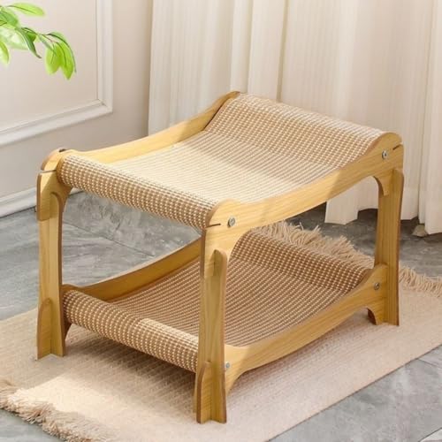 Livmorx 2段式ハウス 猫ベッド 夏用 犬猫 大空間 多頭飼い対応 爪研ぎベッド 麻布タイプ 木製フレーム 猫 ソファ型 洗える 耐摩耗 取り外し簡単 通気性 丈夫 耐久 屋内外用 (ナチュラル,51*39.5*36.5cm)