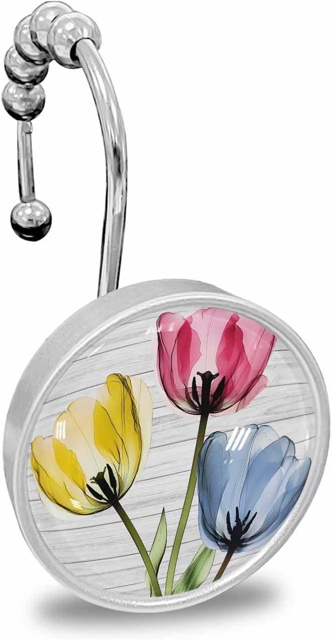 Yellow Pink Blue Tulip Shower Curtain Hooks 12 Pcs Flower Wood Grain Texture Stainless Steel Rust Proof Rolling Shower Curtain Rings, Decorative Shower Curtain Hooks Hangers for Bathroom