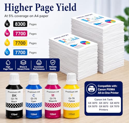 Image of GI-76 Refill Ink Bottle for Canon Pixma GX3070, GX3072, GX4070, GX5070, GX6070, GX7070 Printers (170ML x 1 Bottle Black + 135ML x 3 Bottle Color)