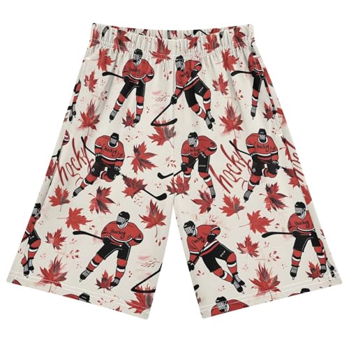 ALAZA Ice Hockey Player Maple Leaves Pajama Shorts Sleep Shorts Pant Lounge Pajama Bottoms Elastic Waist with Pockets