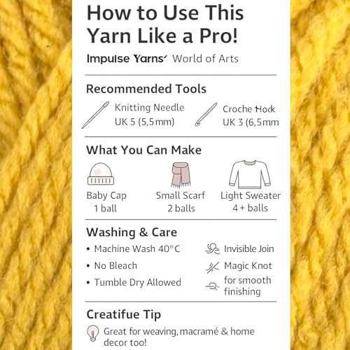 Image of WOAFashions Impulse Hand Knitting & Crochet Yarn, Premium Acrylic, 4 : Medium (Dandelion) (2x100gms / 3.5oz / 200mtr / 218yds)