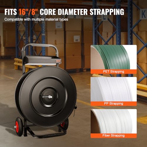 Image of VEVOR Banding Strapping Cart, for PET /PP /Fiber Strapping Coils with 8 inch or 16 inch Core Size, Heavy Duty Strapping Dispenser, Equipped with Anti-Retreat Pulleys, Upgrade Brake System, Spacious Tray