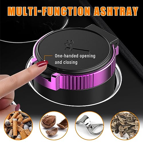 Image of Kewucn Car Ashtray with Lid, Portable & Detachable Smokeless Ashtray, Mini Vehicle Stainless Steel Trash Can with LED Blue Light, Universal Accessories Fits Most Auto Cup Holder (Purple)