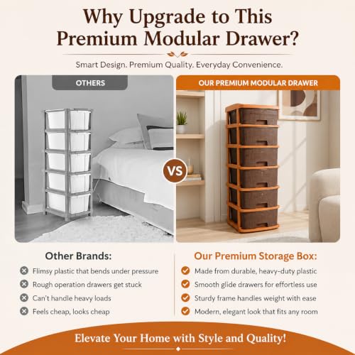 Image of Jefa Plastic Modular Drawer Storage Organizer | Multipurpose Storage Chest with Anti-Slip Design | Large Capacity Drawer Rack for Clothes, Shoes, Office & Home Use (Brown, 2)