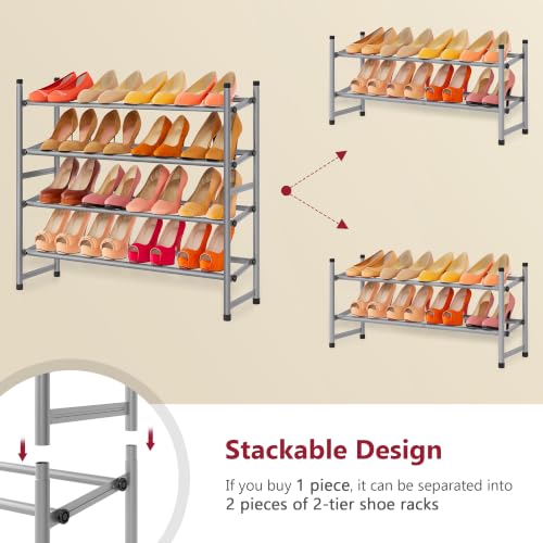 Image of Tajsoon Expandable Shoe Rack for Closet 4 Tier, 28 inch-41 inchStackable, Grey