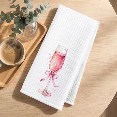 Image of 2 Pcs Pink Bow Champagne Kitchen Towels, Coquette Pink Reusable Dish Towels | Waffle Weave Hand Cloth Tea Towel for Kitchen Bathroom Home Decor, Alcohol Lover Gifts for Women Mom Friend 24x14 Inch