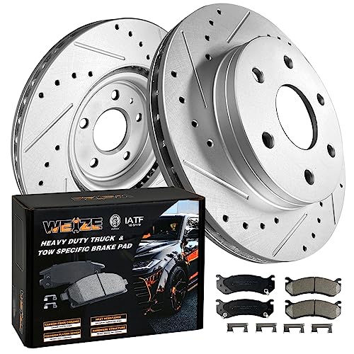 WEIZE Front Truck & Tow Brake Kit, Drill Slotted Rotors with Carbon-Fiber Ceremic Pads Kit, Replacement for Chevy Silverado GMC