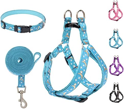 PUPTECK Small Dog Harness Collar Leash Set – No Pull Step in 3 Pieces Adjustable for Puppy Medium Doggie Daily Walking Running Hiking and Training, Glow in The Dark with Star and Moon Pattern