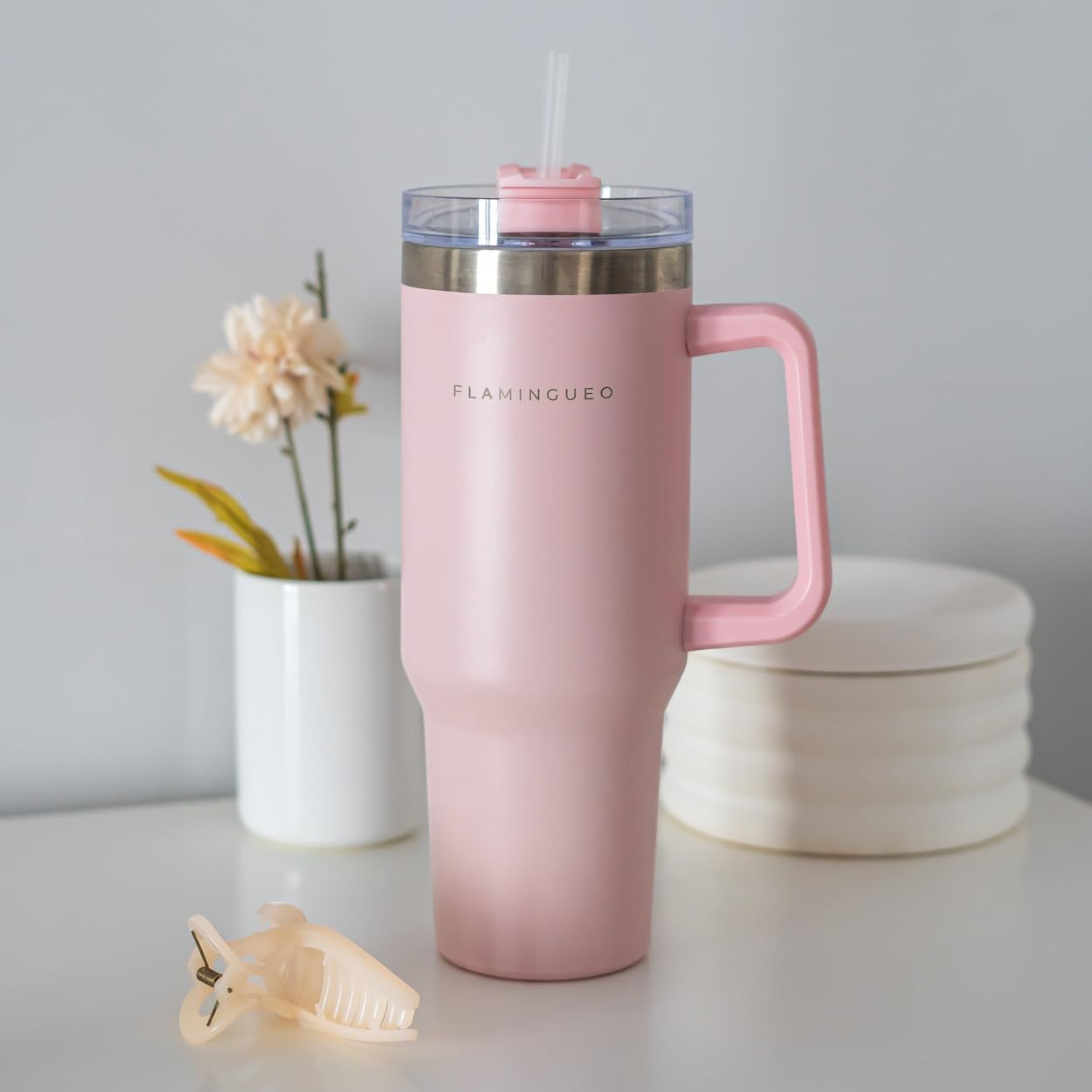 Flamingueo Borraccia con Cannuccia 1,18L - Borraccia Termica - Bevande Fredde 24h e Calde 10h - Acciaio Inossidabile - Con Manico - Tazza Termica - Rosa