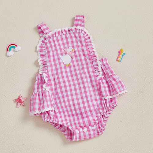 Newborn Baby Girl Clothes Gingham Goose Lace Bow Ruffle Romper Sleeveless Backless Bodysuit Infant Farm Outfit3