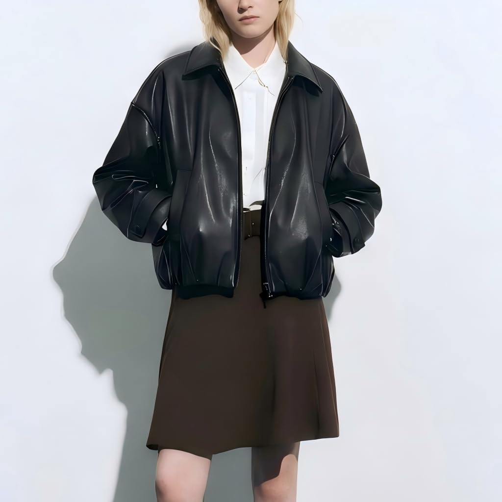 Oversized Faux Leather Bomber Jacket for Women – Zip-Up Aviator Flight Coat, Relaxed Fit Streetwear Outerwear - Image 2